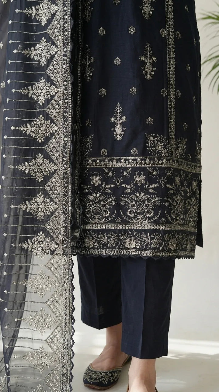 3 PC Embellished Cotton Stitched Suit PF610001