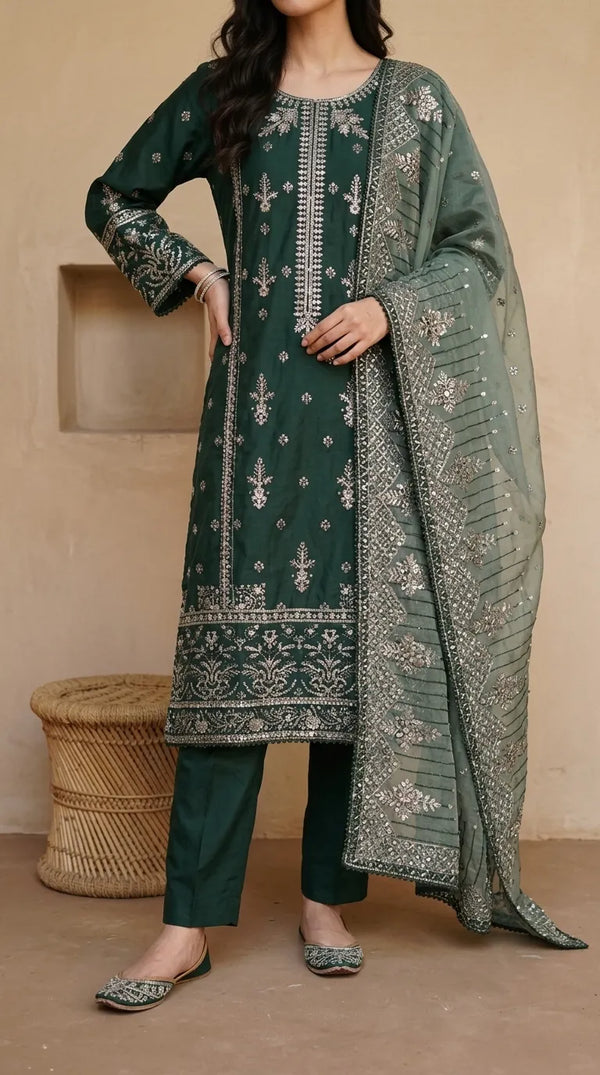 3 PC Embellished Cotton Stitched Suit PF610011