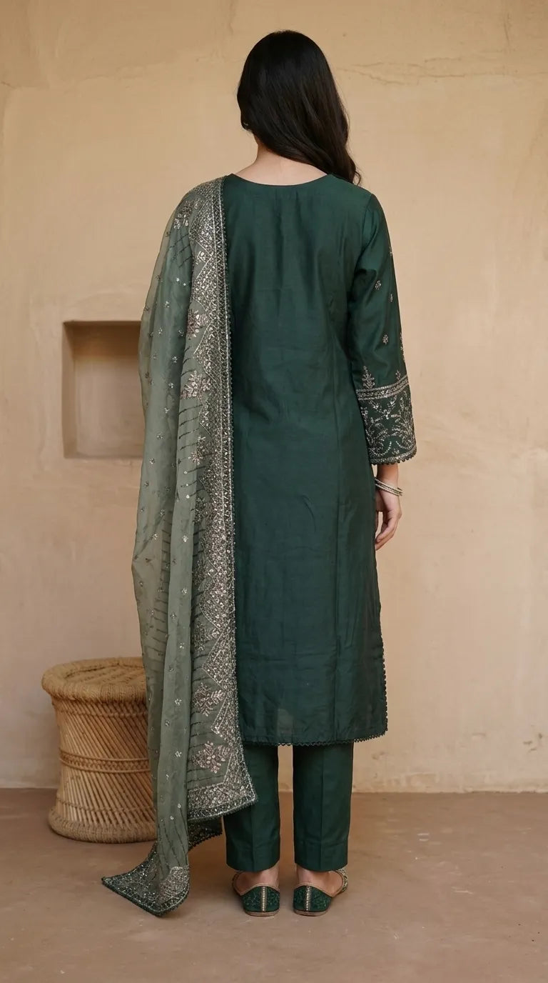 3 PC Embellished Cotton Stitched Suit PF610011