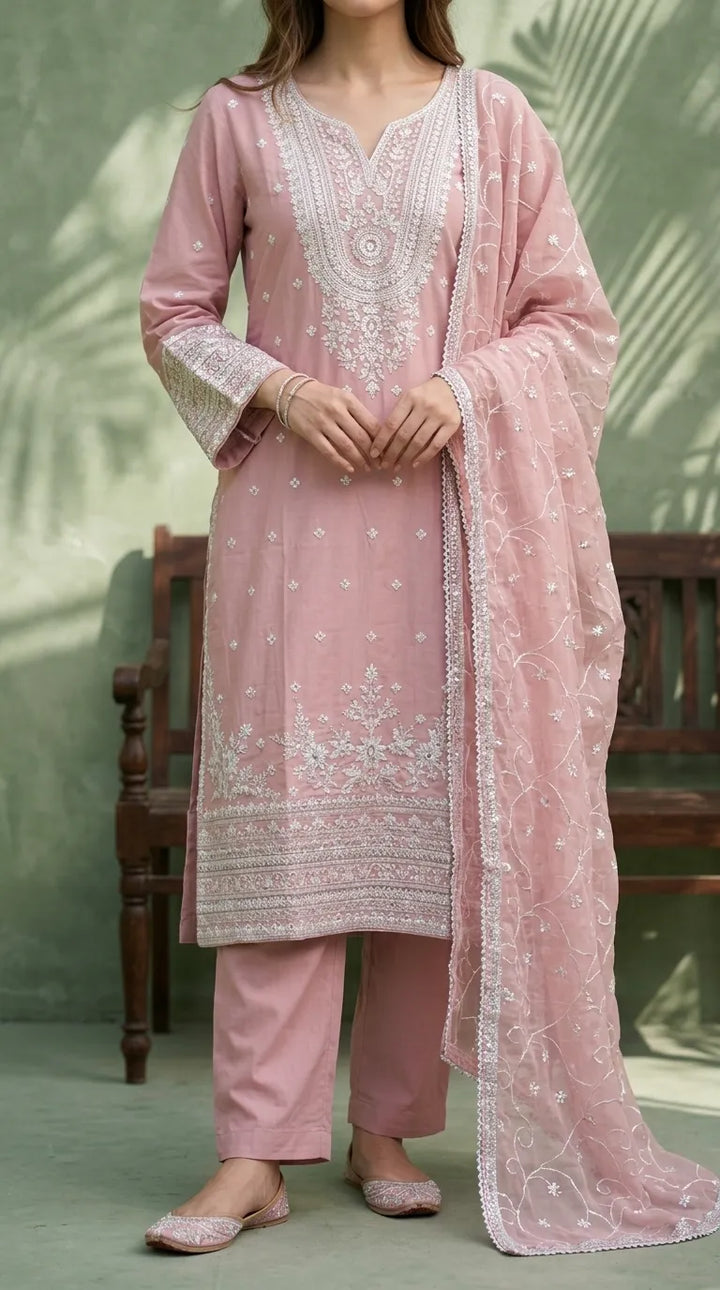 3 PC Embellished Cotton Stitched Suit PF610118