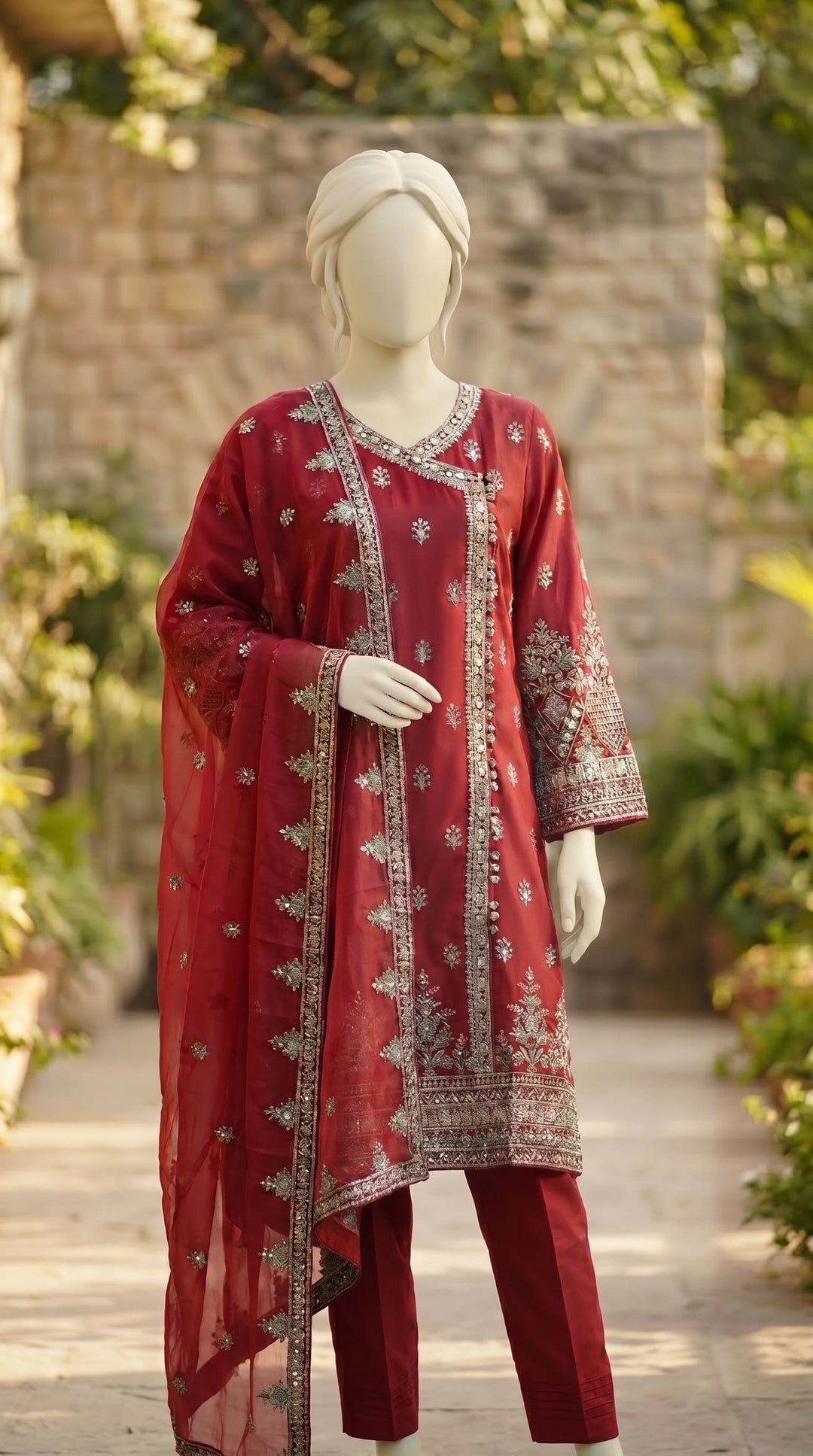 3 PC Embellished Raw Silk Suit PF610805