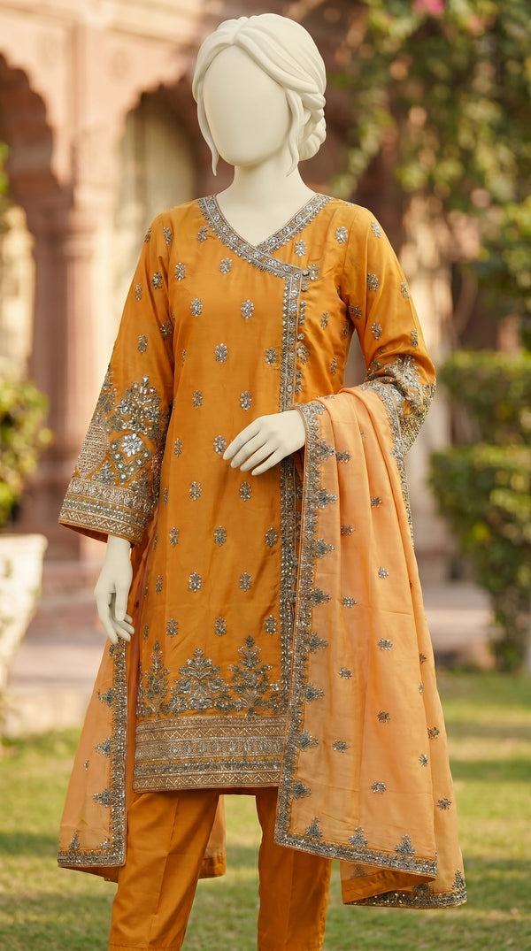 3 PC Embellished Raw Silk Suit PF610820