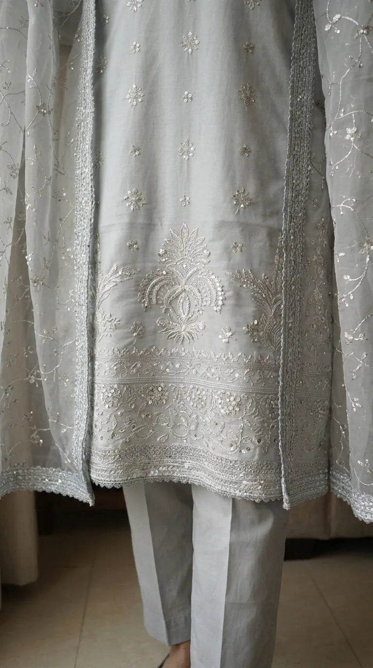 3 PC Embellished Cotton Stitched Suit PF612407