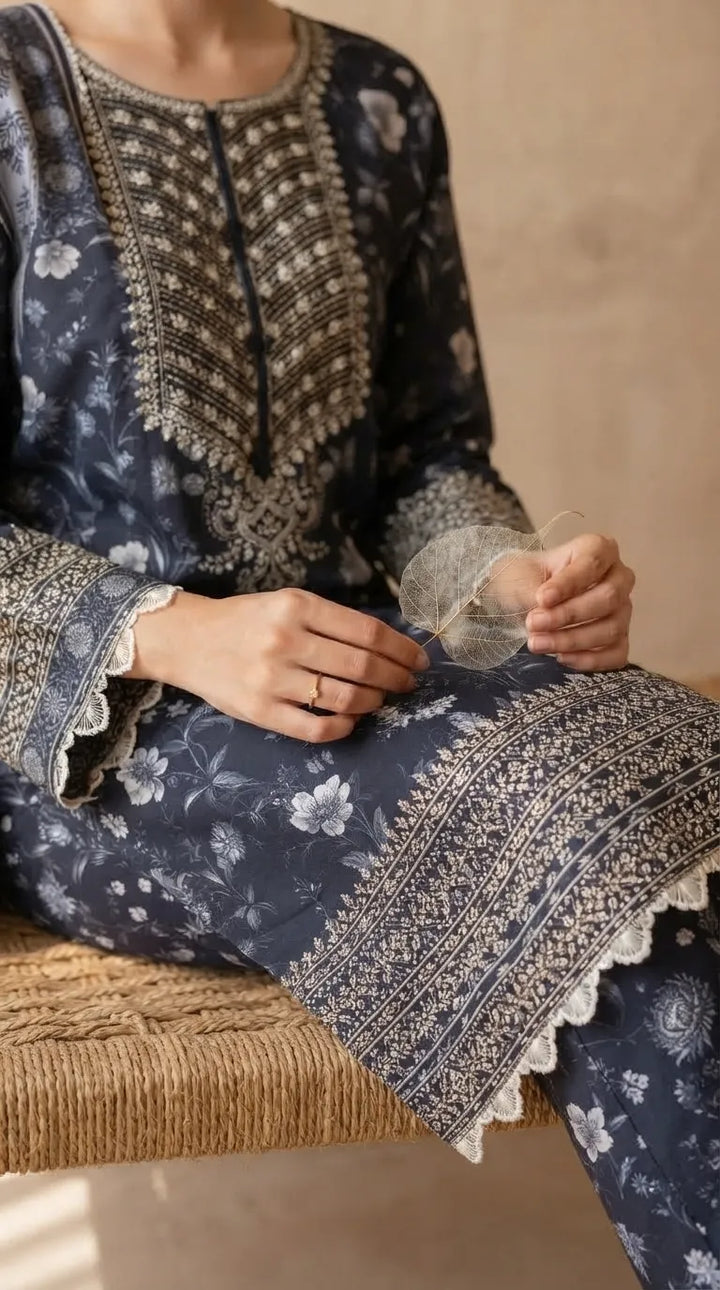 3 PC Embellished Cotton Stitched Suit PF612901