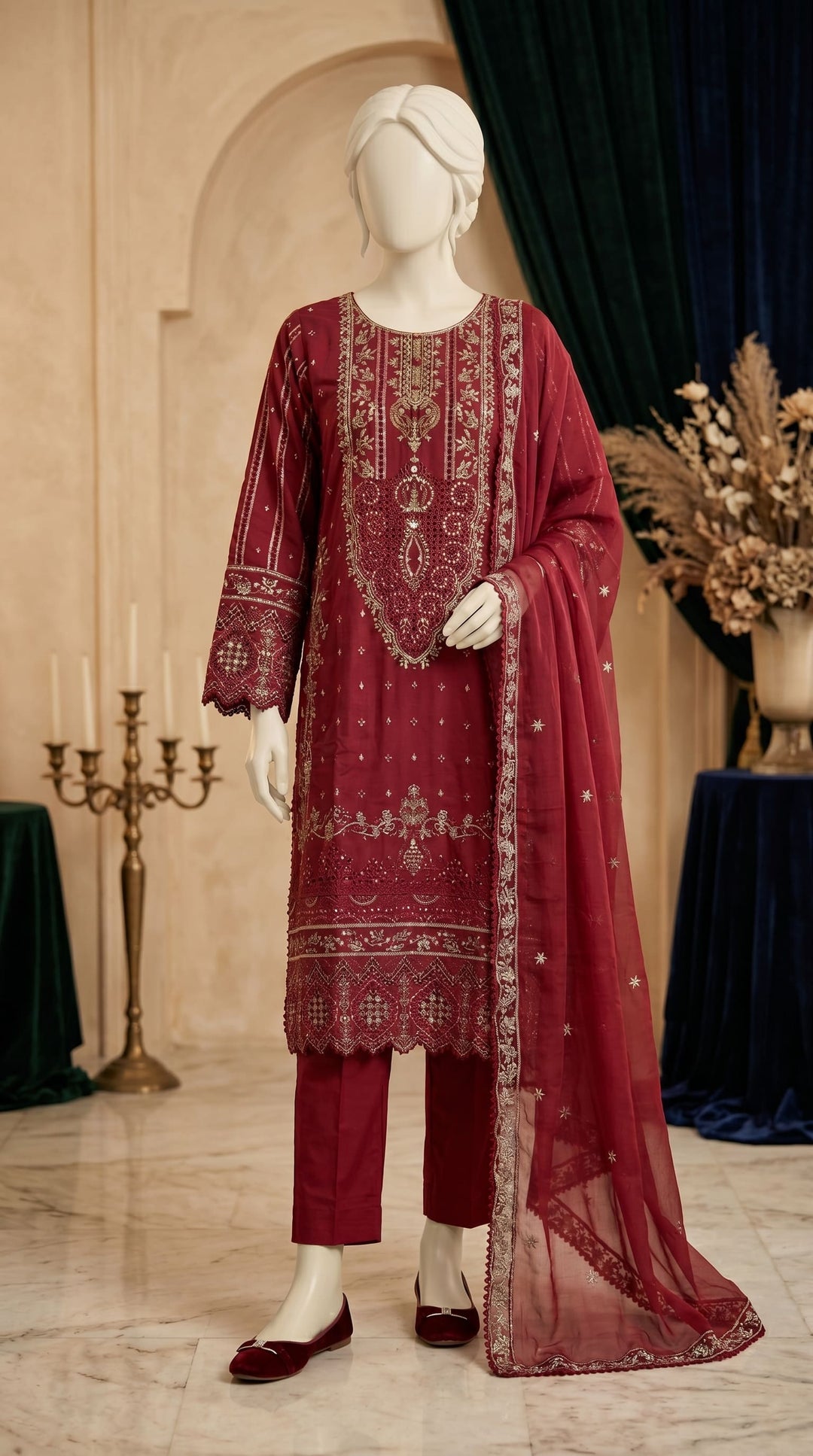 3 PC Embellished Cotton Suit PF613105