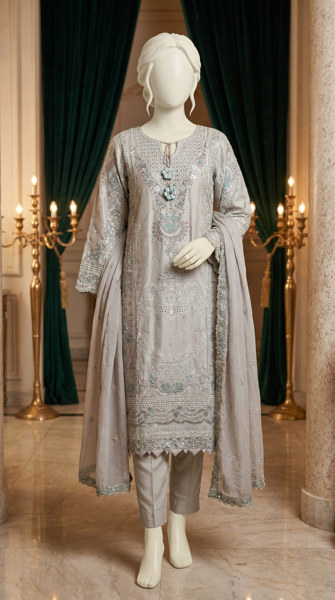 3 PC Embellished Cotton Suit PF614162
