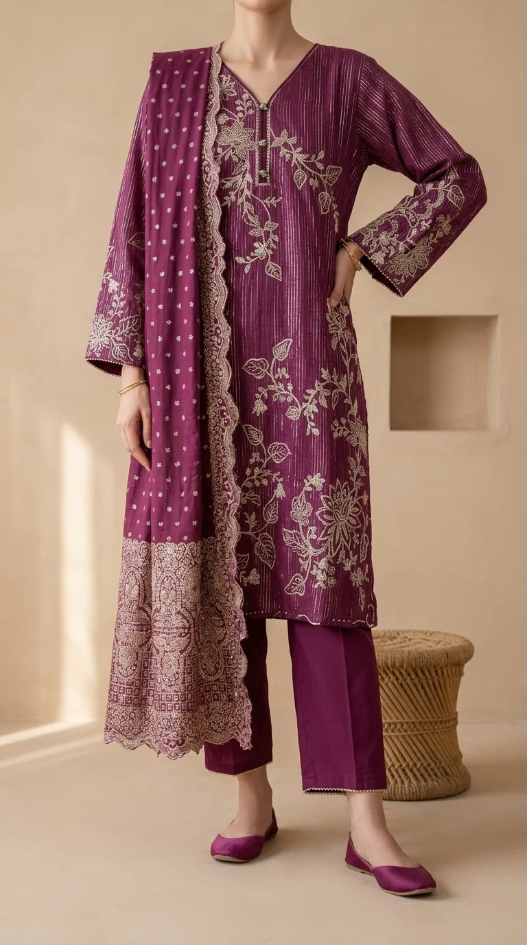 3 PC Embellished Net Stitched Suit PF614505