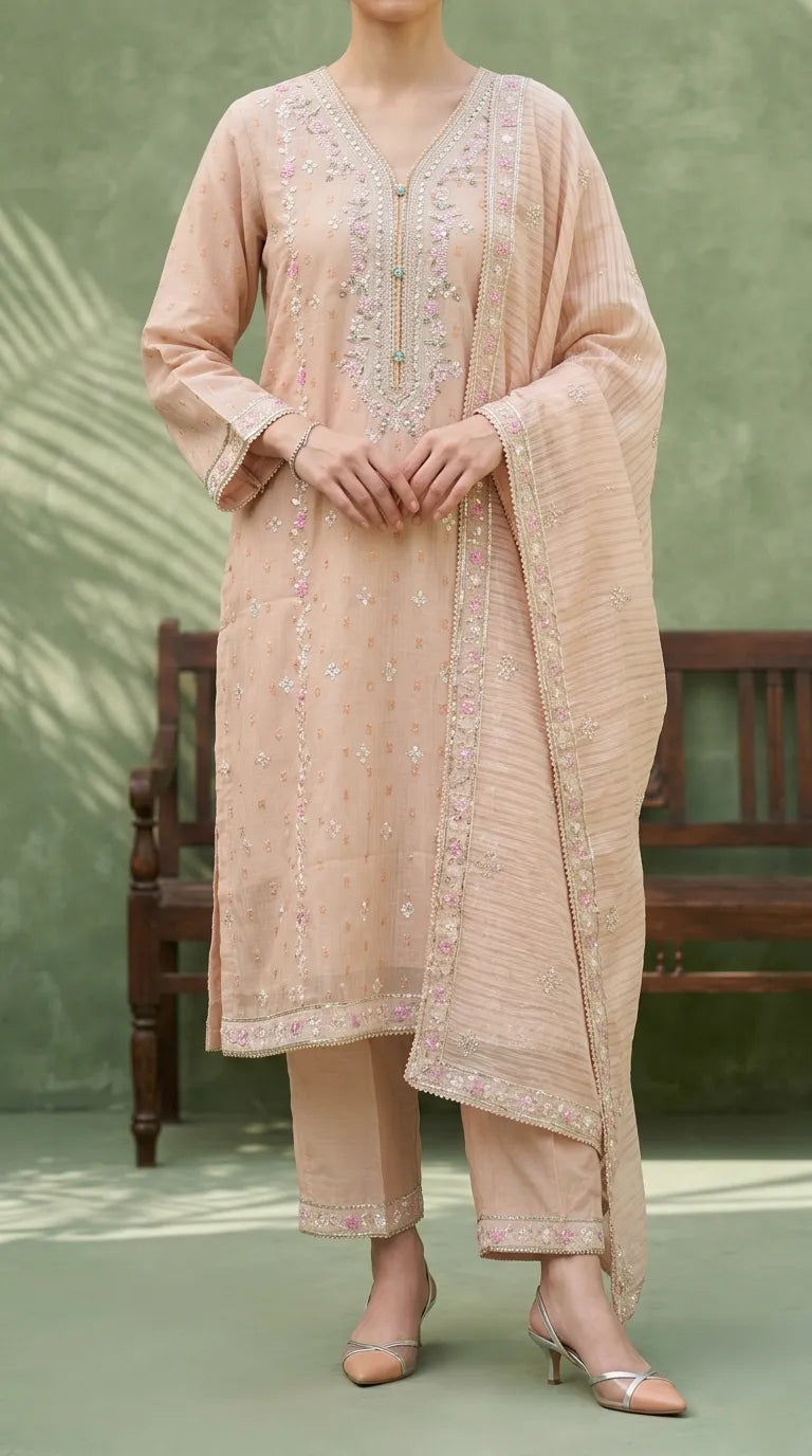 3 PC Embellished Net Stitched Suit PF614623