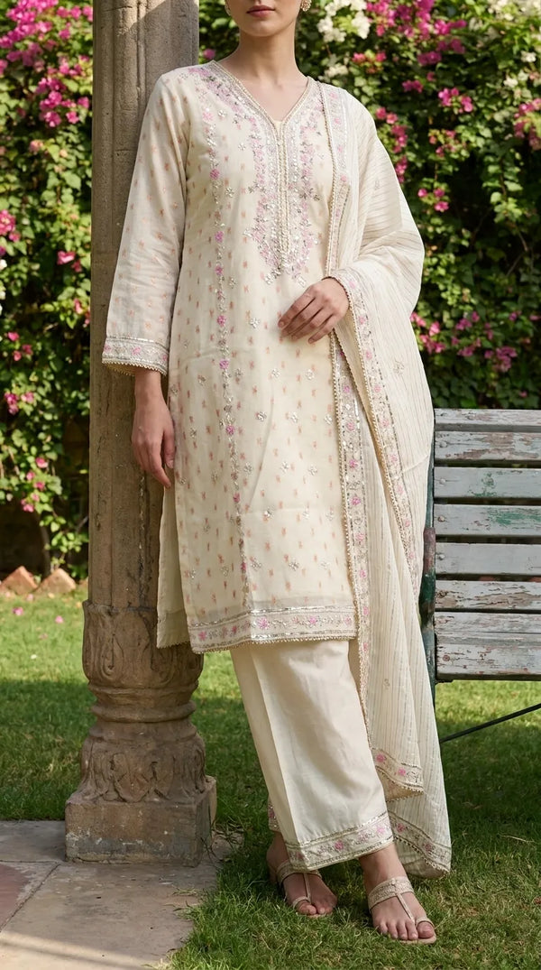 3 PC Embellished Net Stitched Suit PF614693