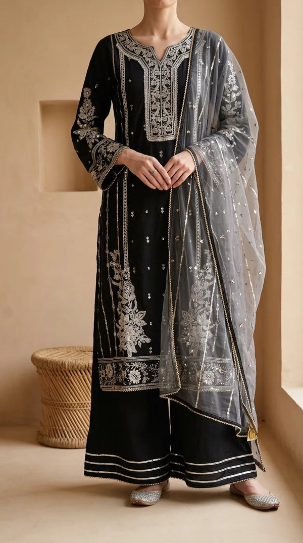 3 PC Embellished Net Stitched Suit PF614801