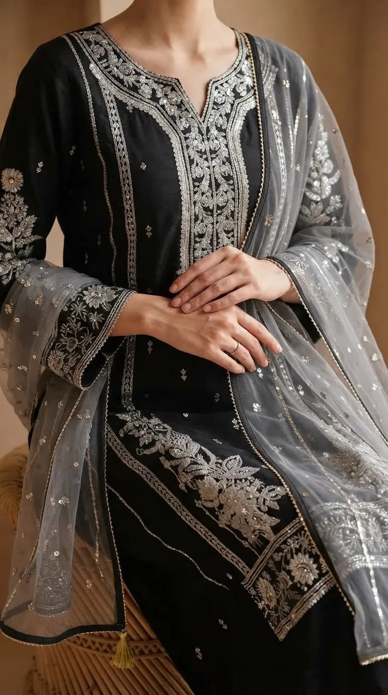 3 PC Embellished Net Stitched Suit PF614801