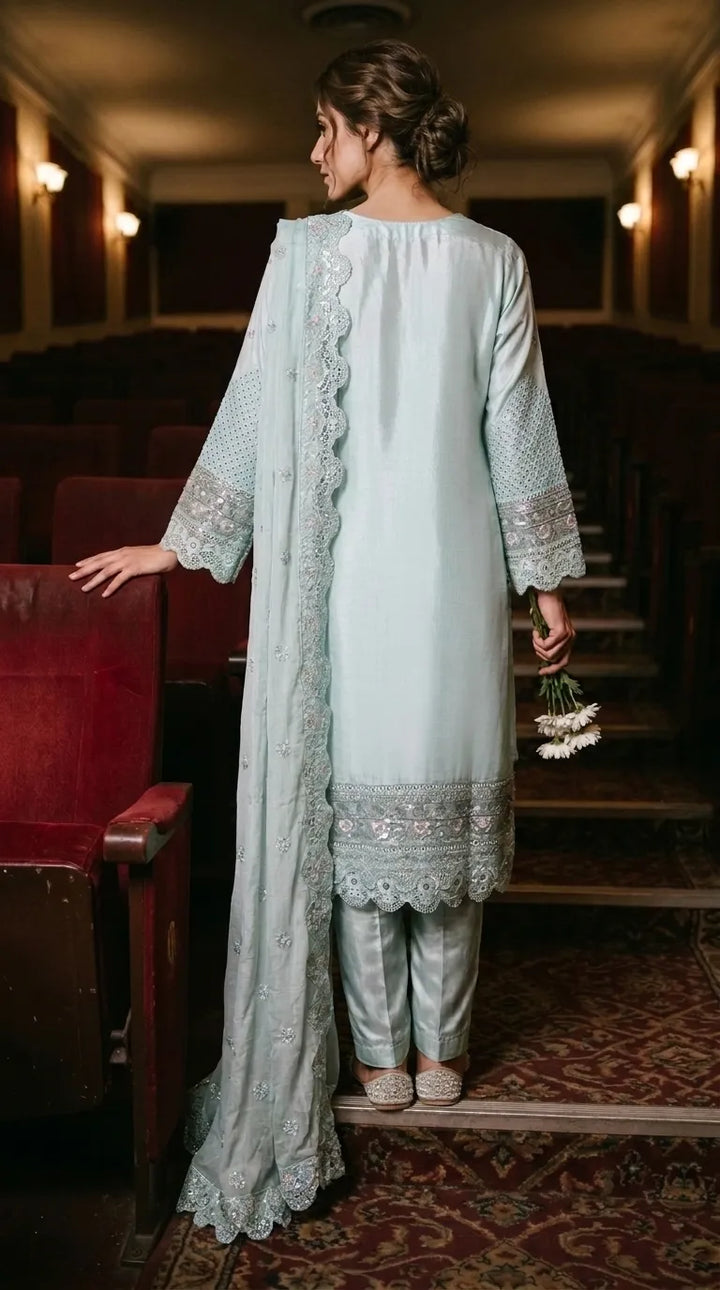 3 PC Embellished Raw Silk Stitched Suit PF617011