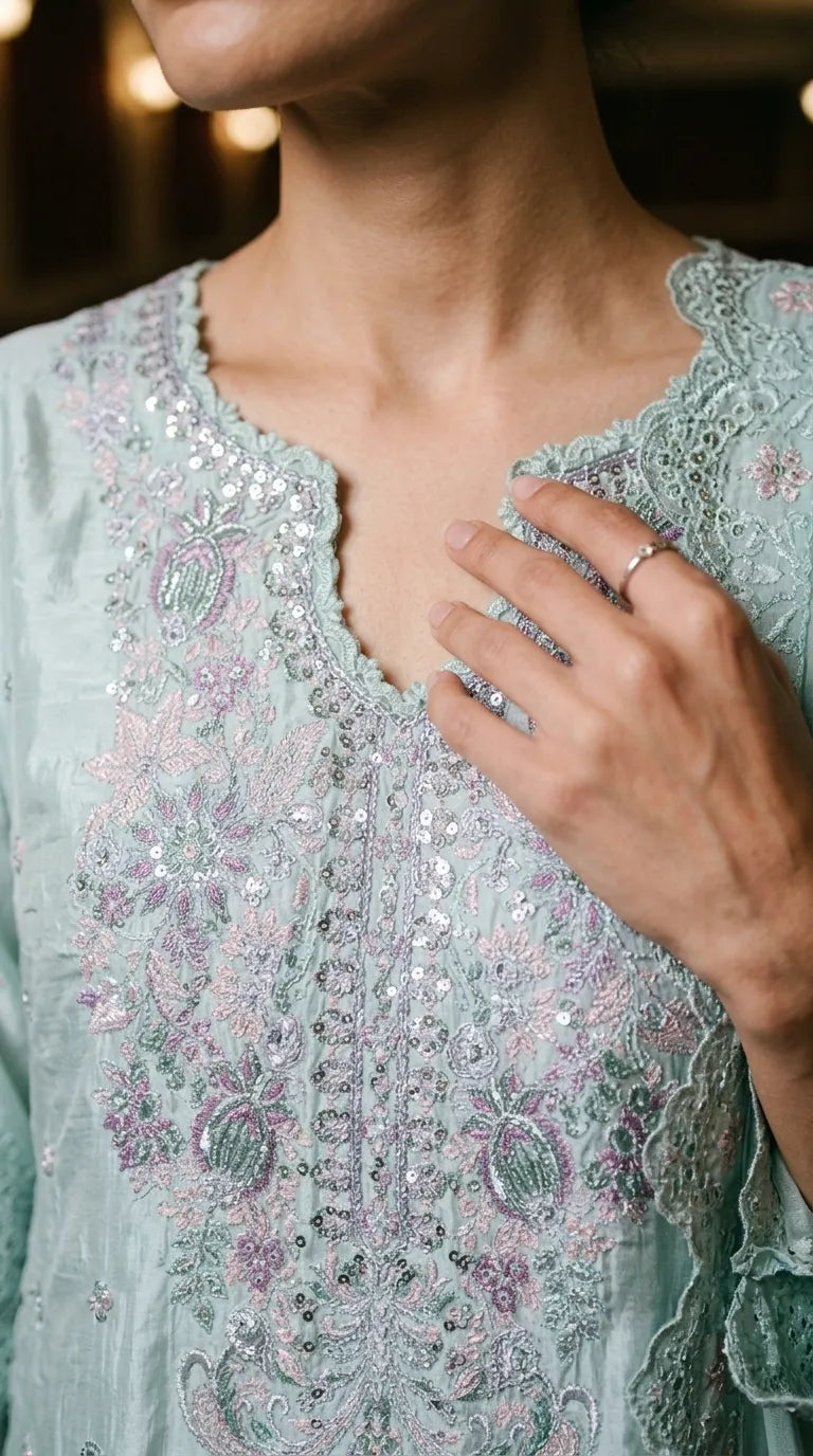 3 PC Embellished Raw Silk Stitched Suit PF617011
