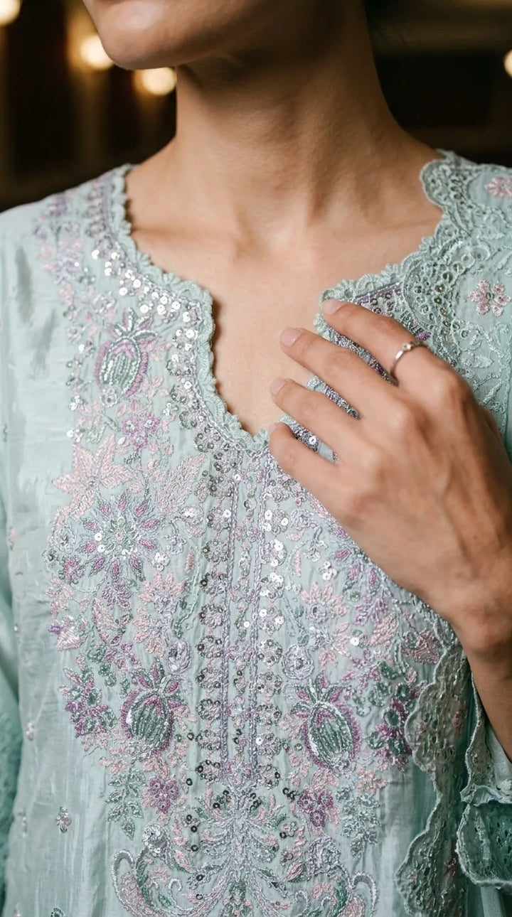 3 PC Embellished Raw Silk Stitched Suit PF617011