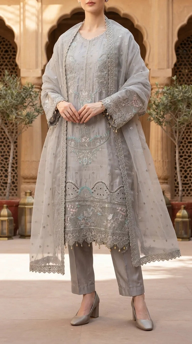 3 PC Embellished Raw Silk Stitched Suit PF617107