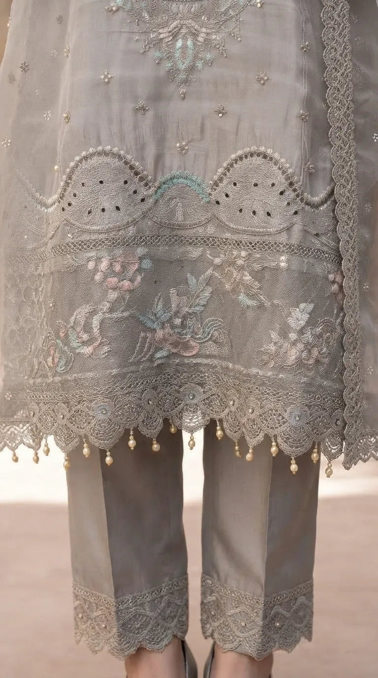3 PC Embellished Raw Silk Stitched Suit PF617107