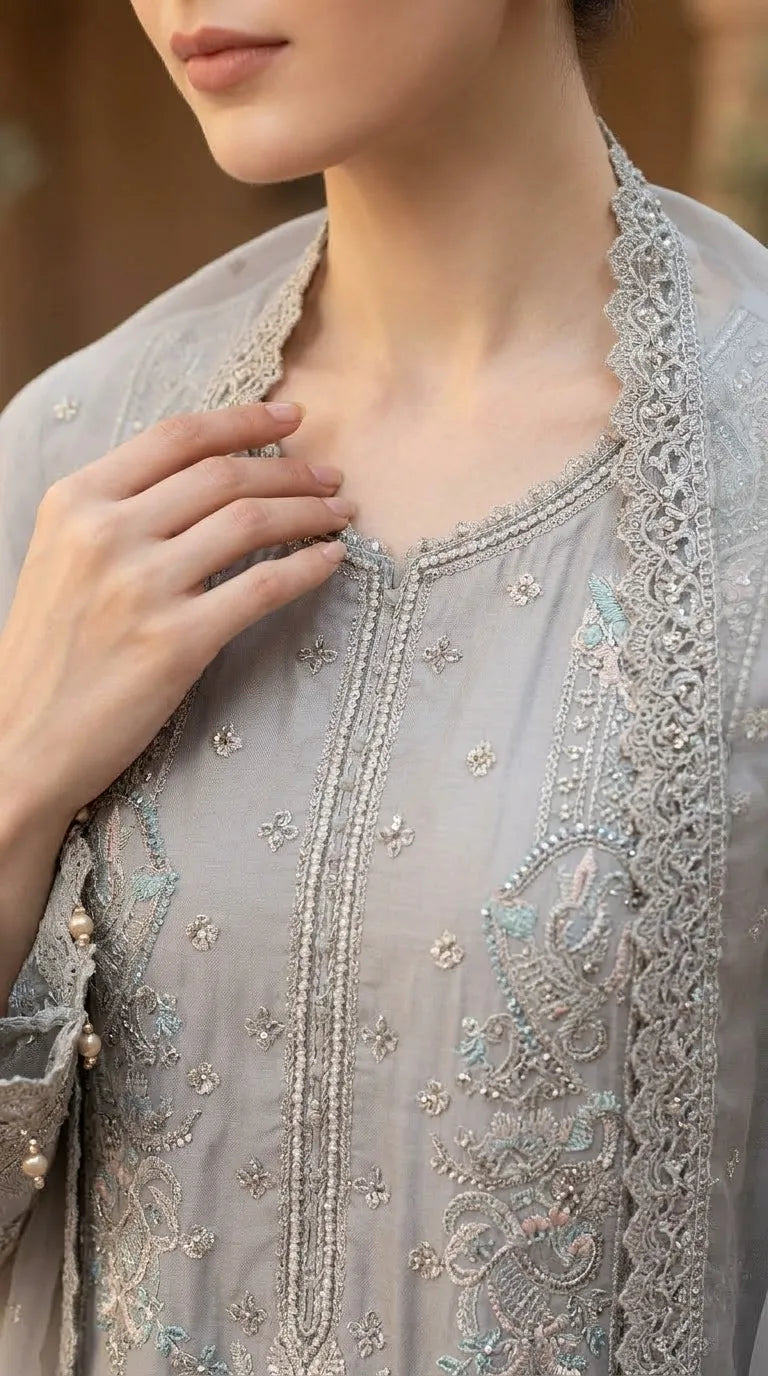 3 PC Embellished Raw Silk Stitched Suit PF617107