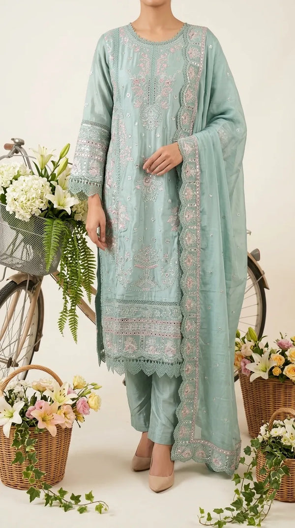 3 PC Embellished Raw Silk Suit PF617411