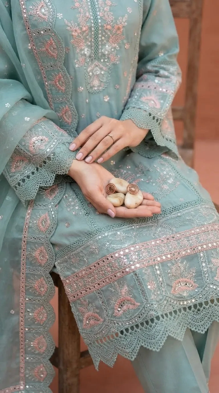 3 PC Embellished Raw Silk Stitched Suit PF617411