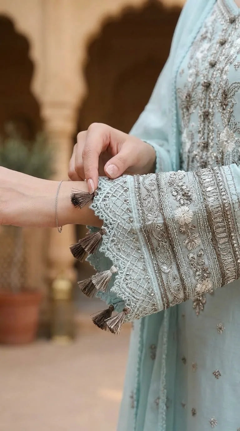 3 PC Embellished Raw Silk Stitched Suit PF617511
