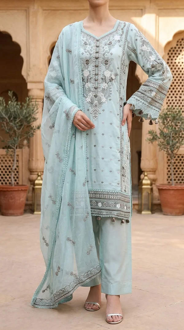 3 PC Embellished Raw Silk Stitched Suit PF617511