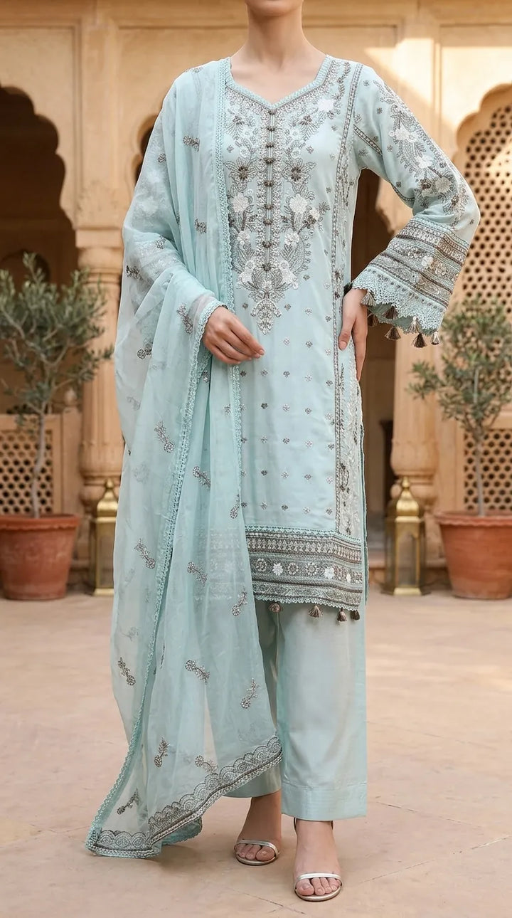 3 PC Embellished Raw Silk Stitched Suit PF617511