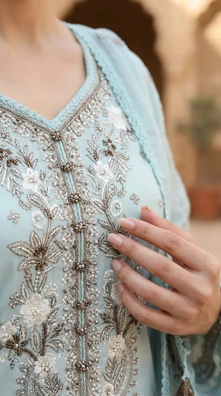3 PC Embellished Raw Silk Stitched Suit PF617511