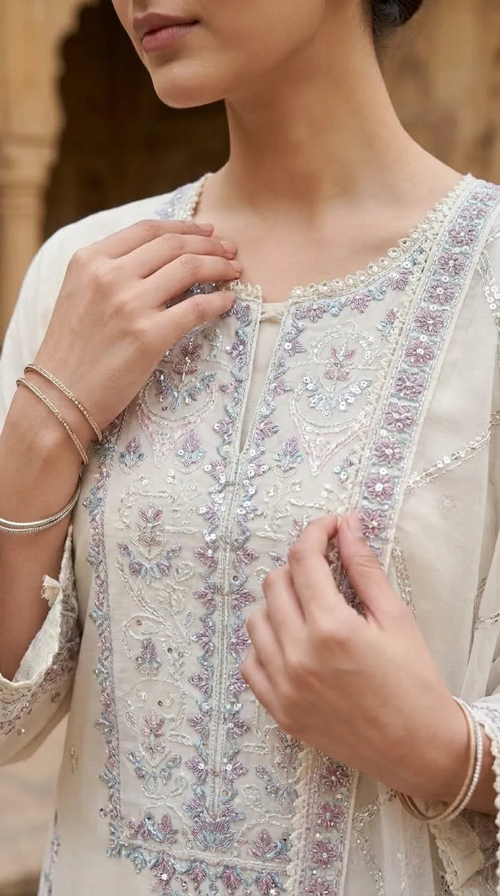 3 PC Embellished Raw Silk Stitched Suit PF617693