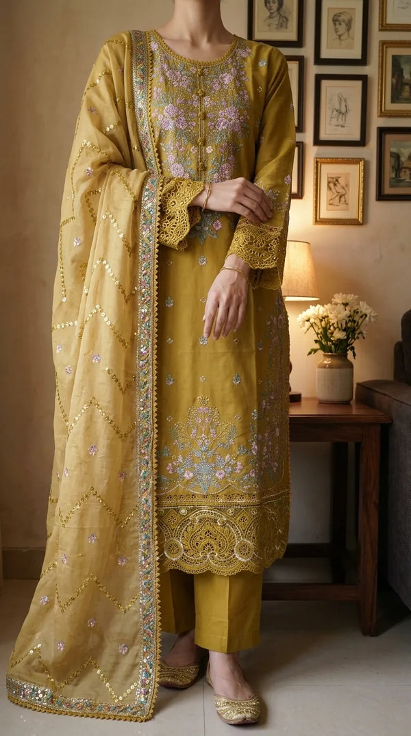 3 PC Embellished Raw Silk Stitched Suit PF617706