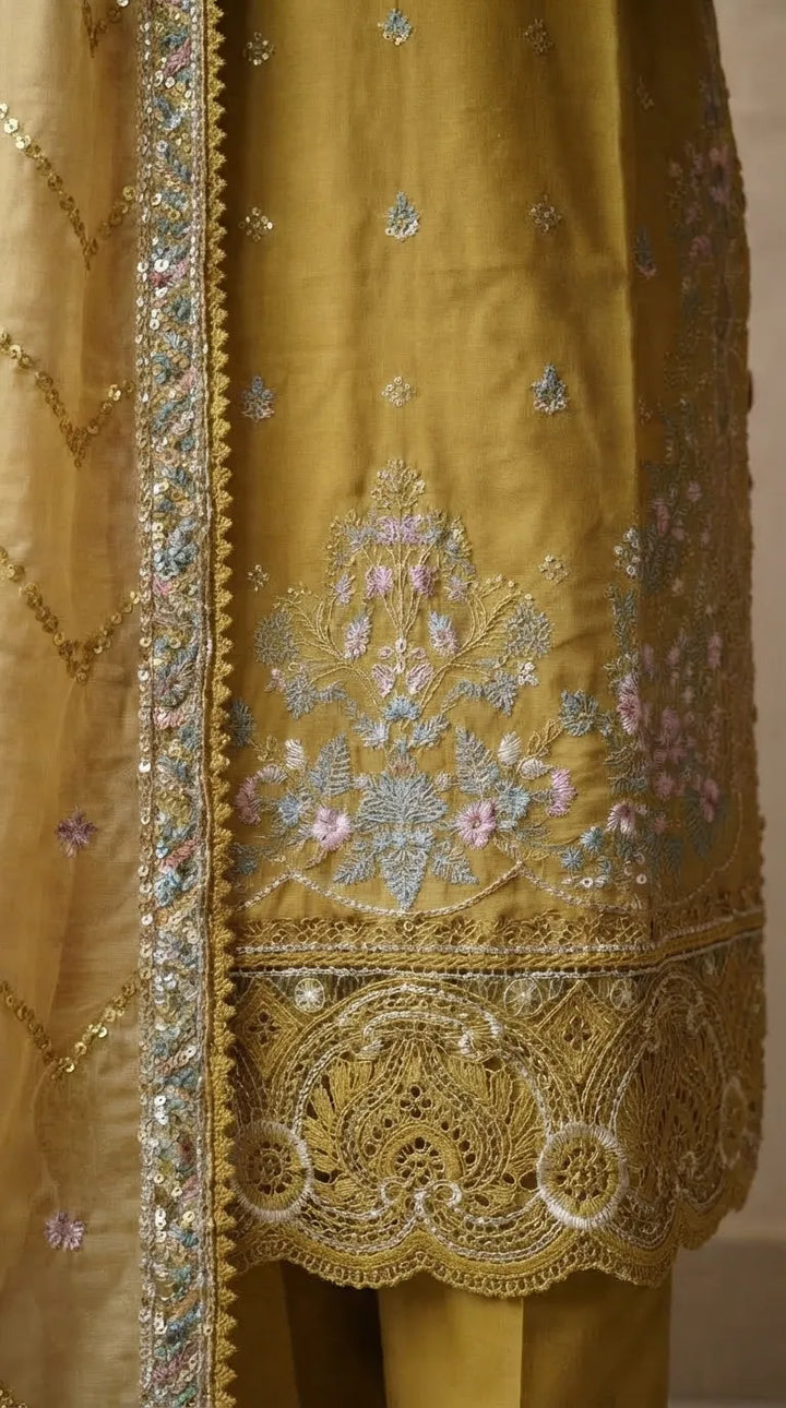 3 PC Embellished Raw Silk Stitched Suit PF617706