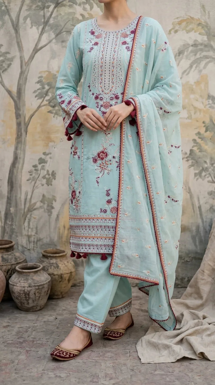 3 PC Embellished Raw Silk Stitched Suit PF618112