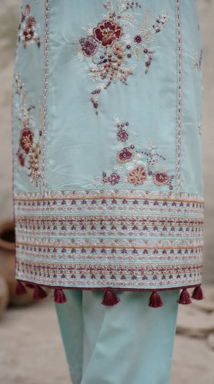 3 PC Embellished Raw Silk Stitched Suit PF618112