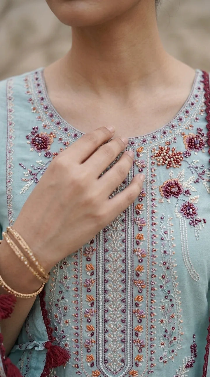 3 PC Embellished Raw Silk Stitched Suit PF618112