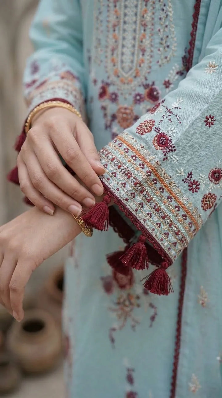 3 PC Embellished Raw Silk Stitched Suit PF618112