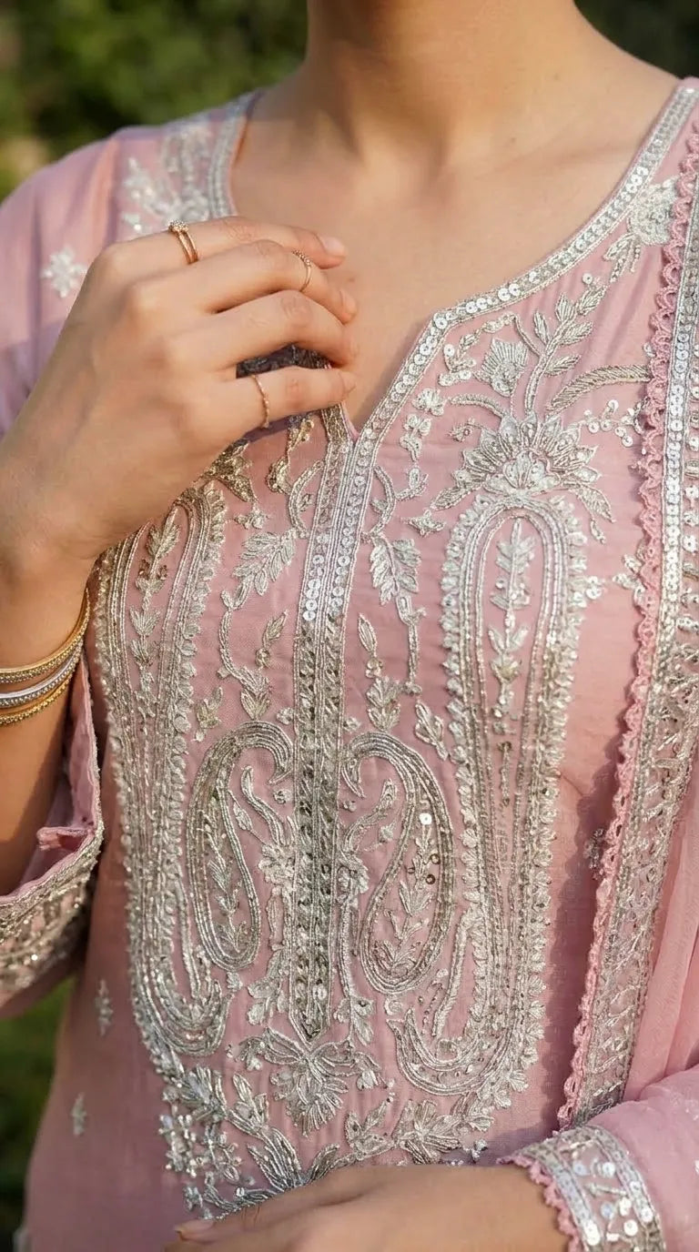 3 PC Embellished Raw Silk Stitched Suit PF618318