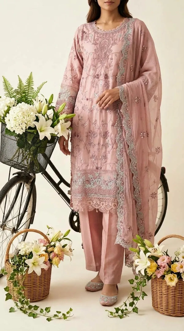 3 PC Embellished Raw Silk Suit PF618418
