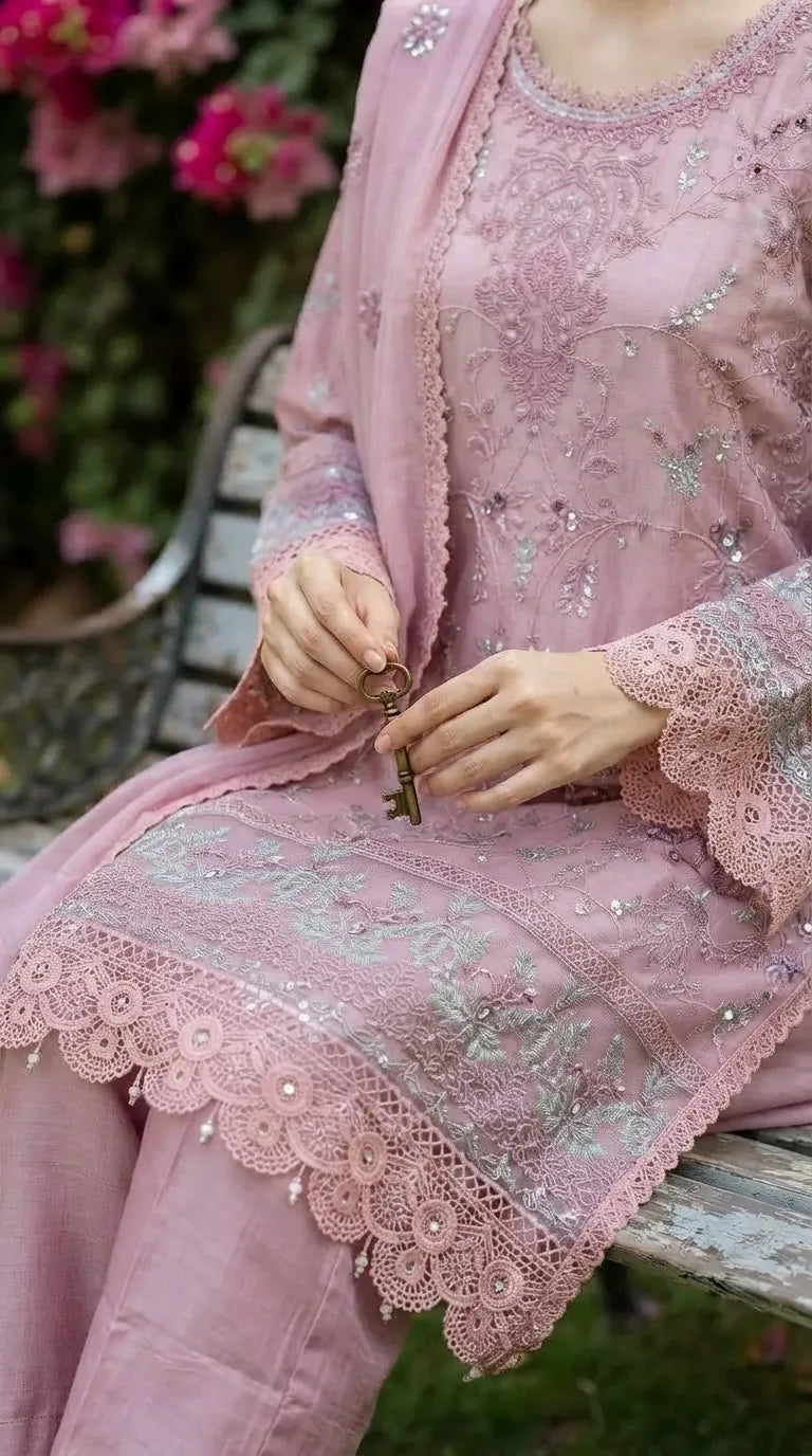3 PC Embellished Raw Silk Stitched Suit PF618418