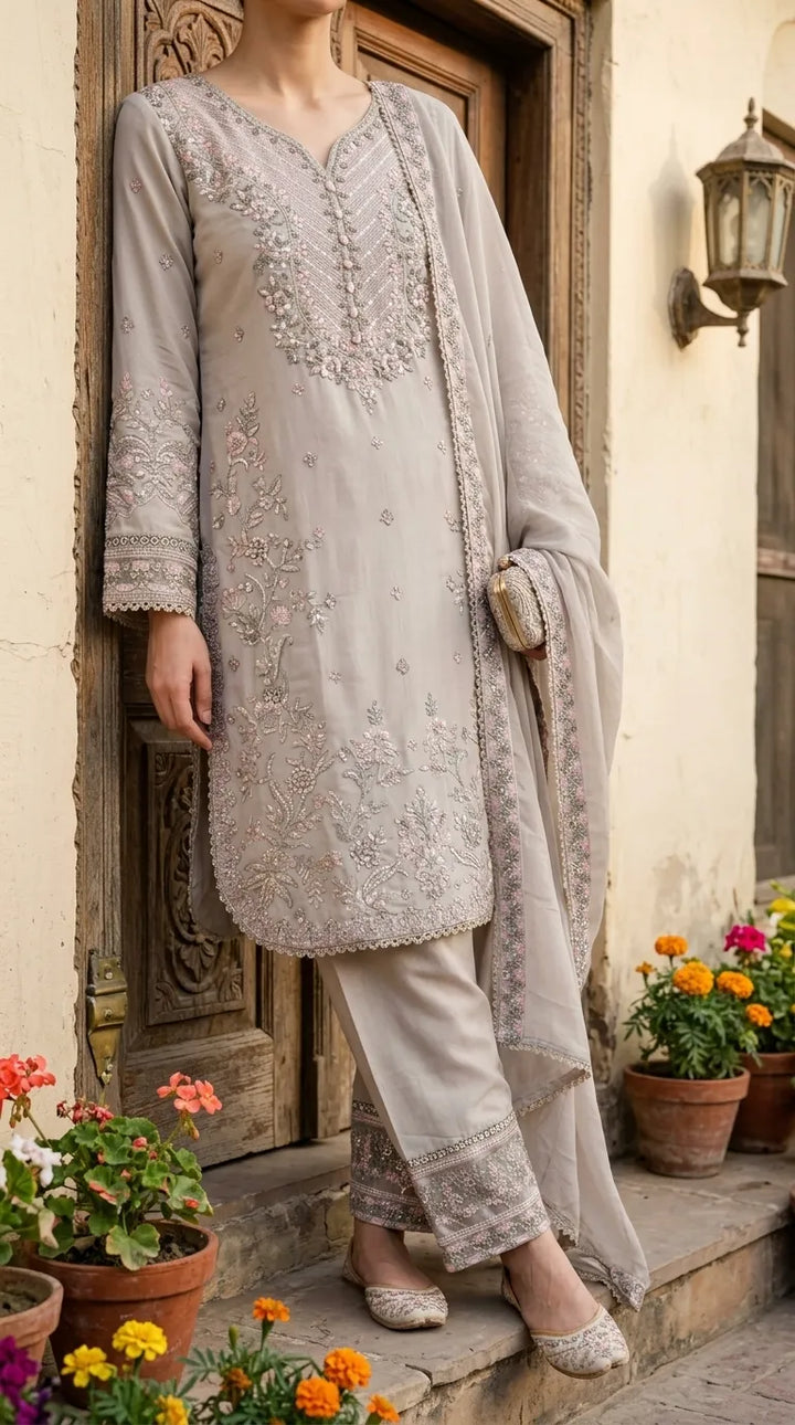 3 PC Embellished Raw Silk Stitched Suit PF618607