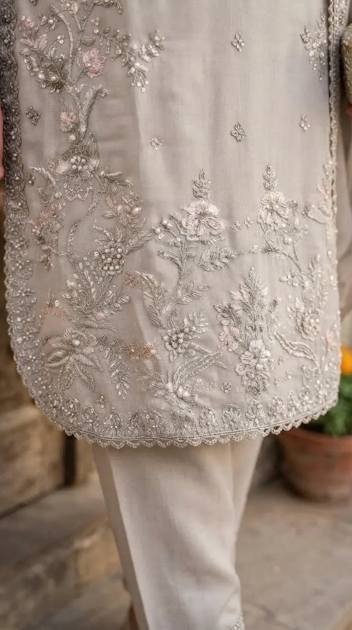 3 PC Embellished Raw Silk Stitched Suit PF618607