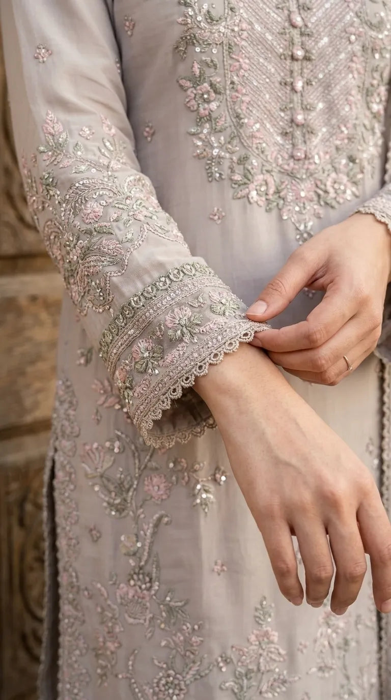 3 PC Embellished Raw Silk Stitched Suit PF618607