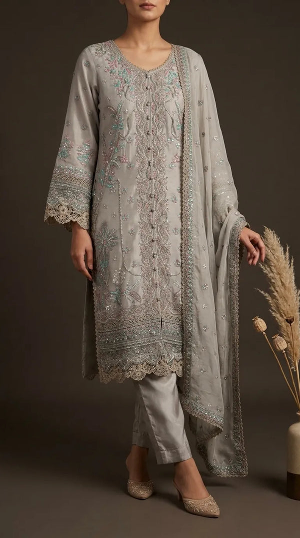 3 PC Embellished Raw Silk Suit PF618807