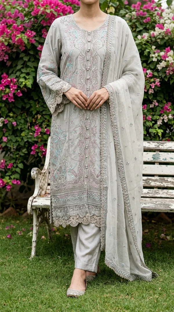 3 PC Embellished Raw Silk Stitched Suit PF618807