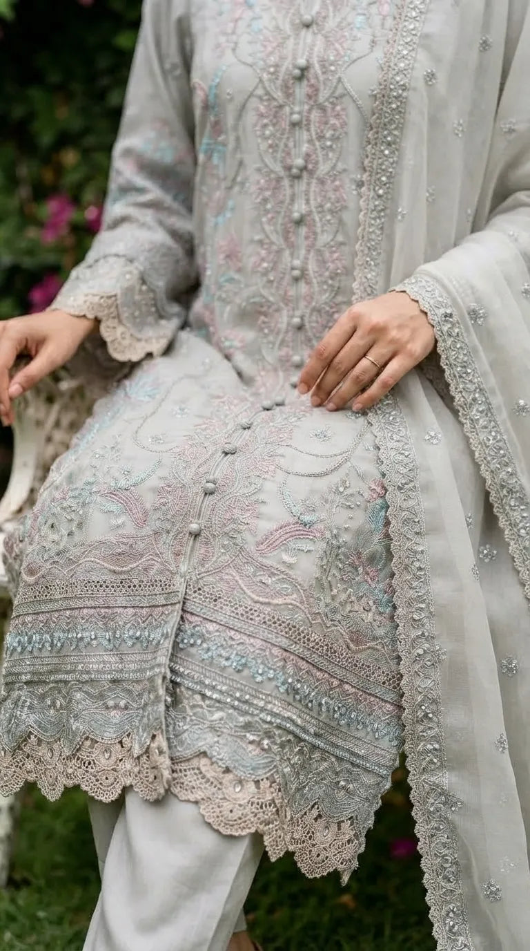3 PC Embellished Raw Silk Stitched Suit PF618807