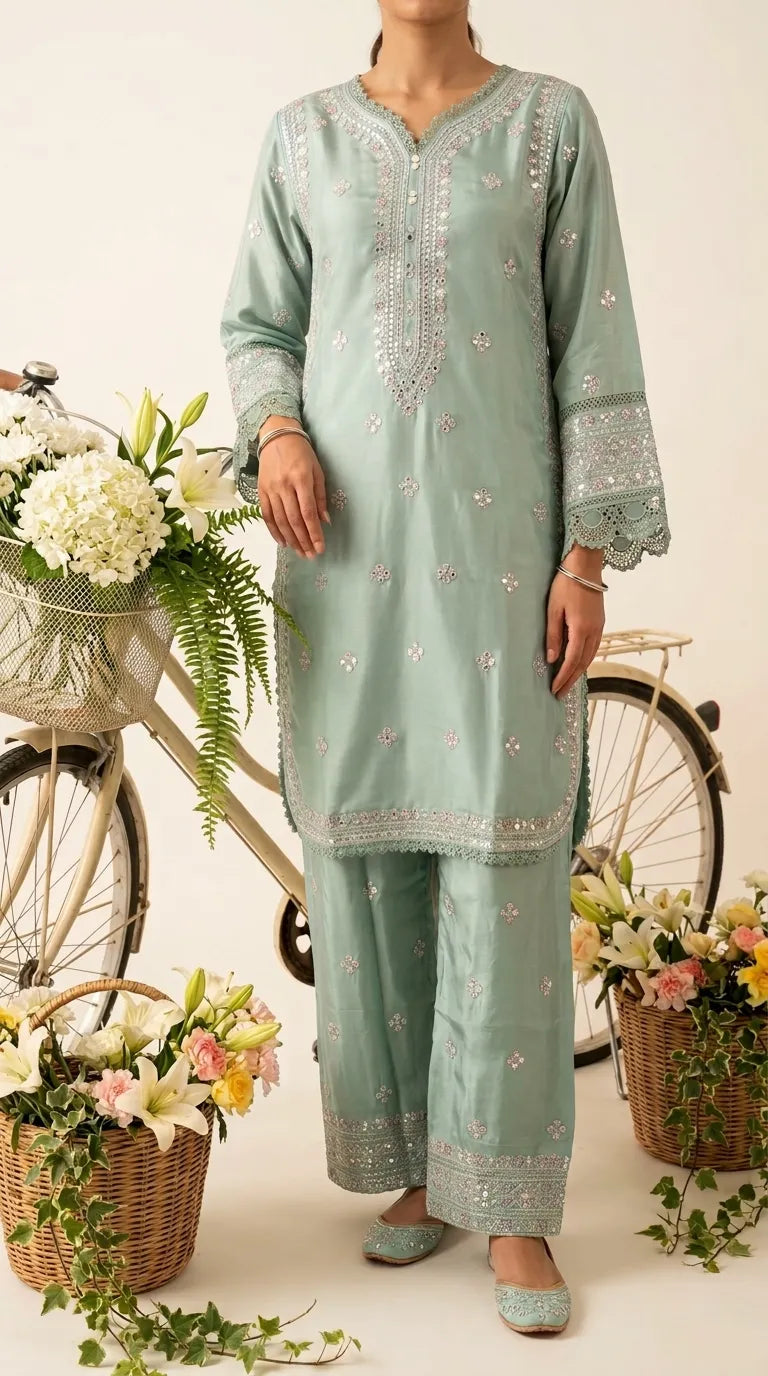 3 PC Embellished Raw Silk Suit PF618912
