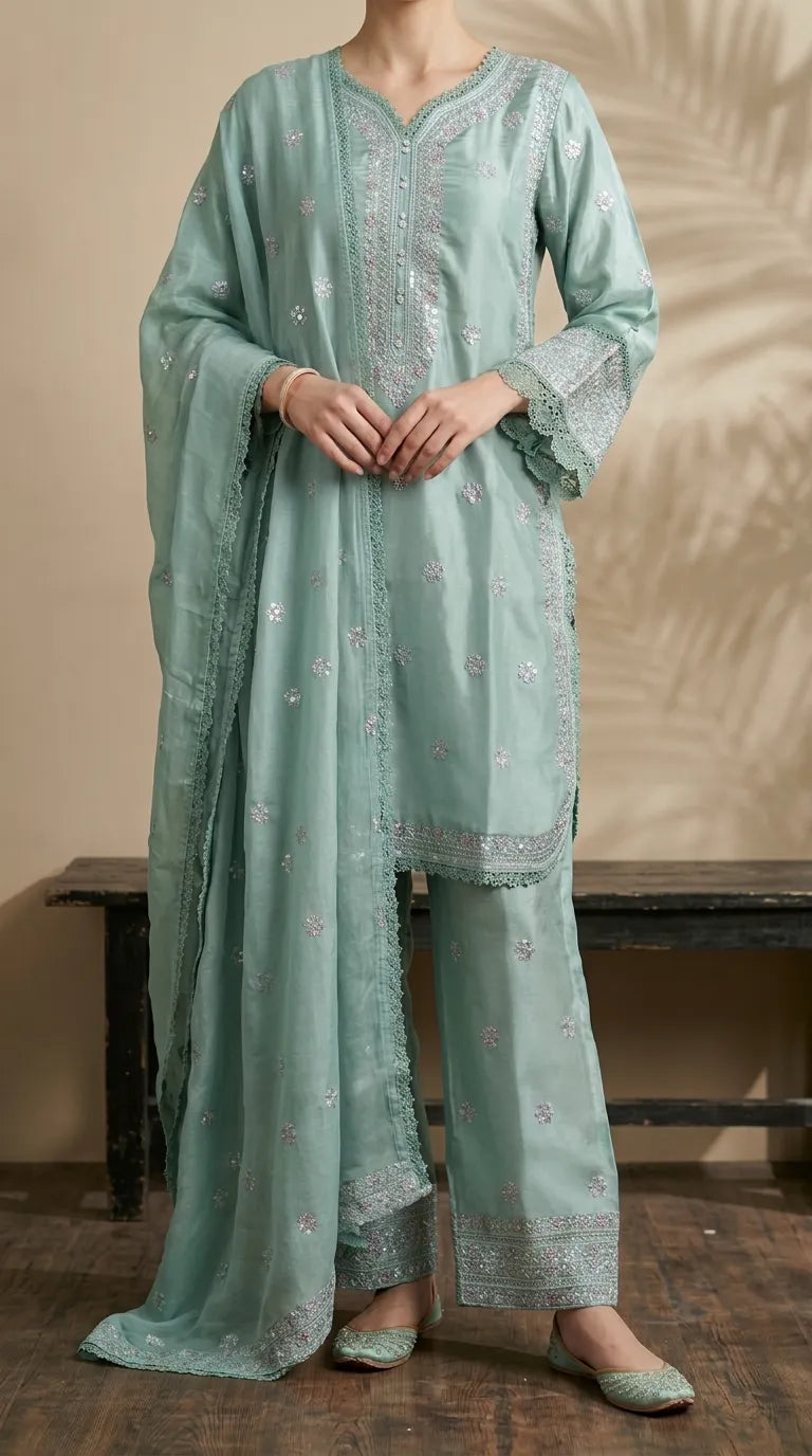 3 PC Embellished Raw Silk Stitched Suit PF618912