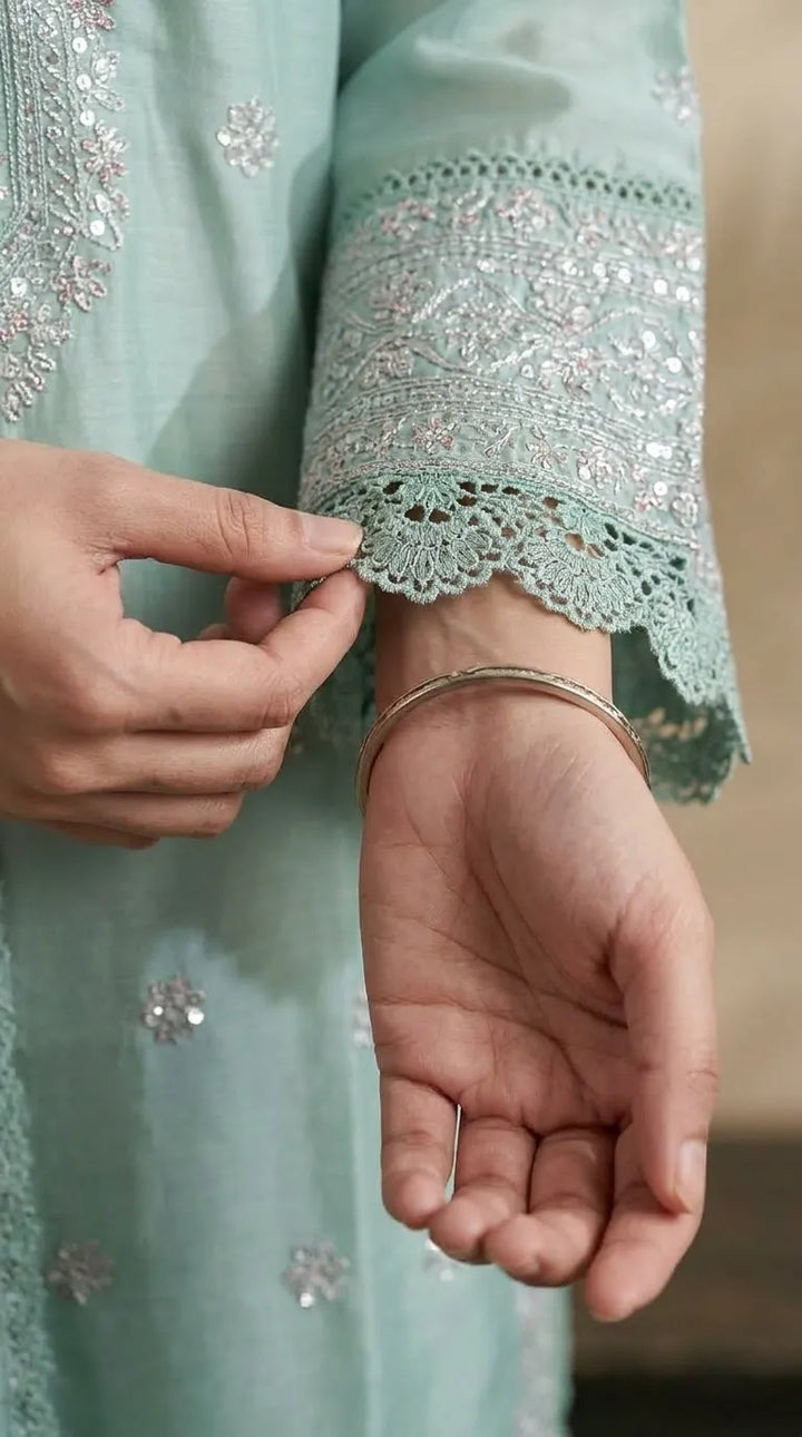 3 PC Embellished Raw Silk Stitched Suit PF618912