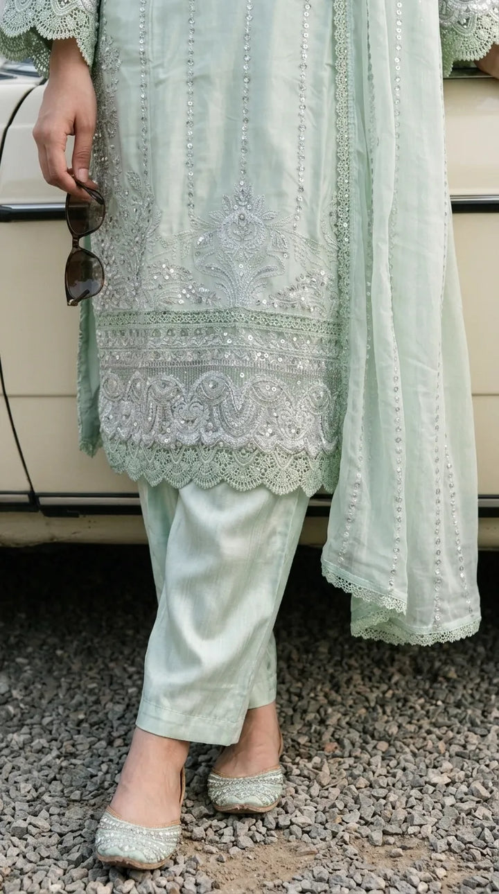 3 PC Embellished Raw Silk Stitched Suit PF619011