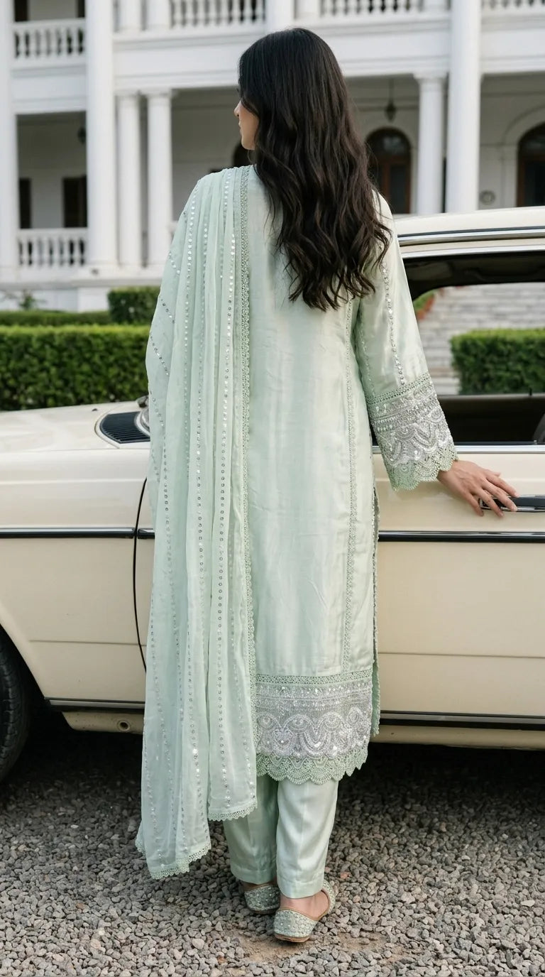 3 PC Embellished Raw Silk Stitched Suit PF619011