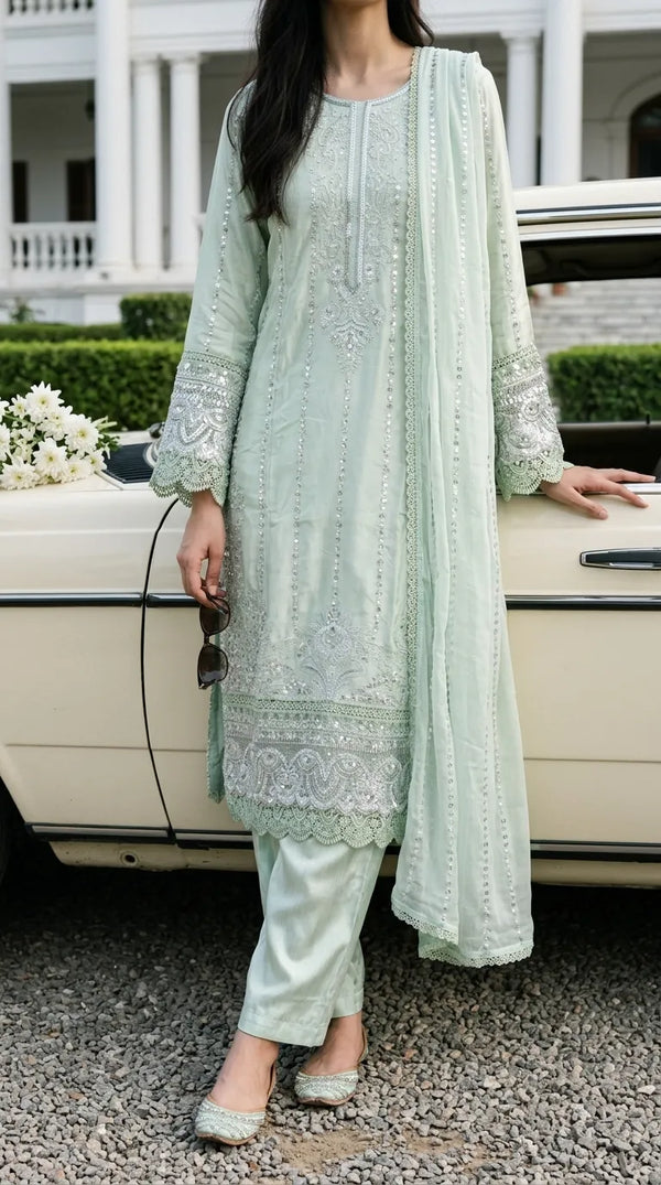 3 PC Embellished Raw Silk Stitched Suit PF619011