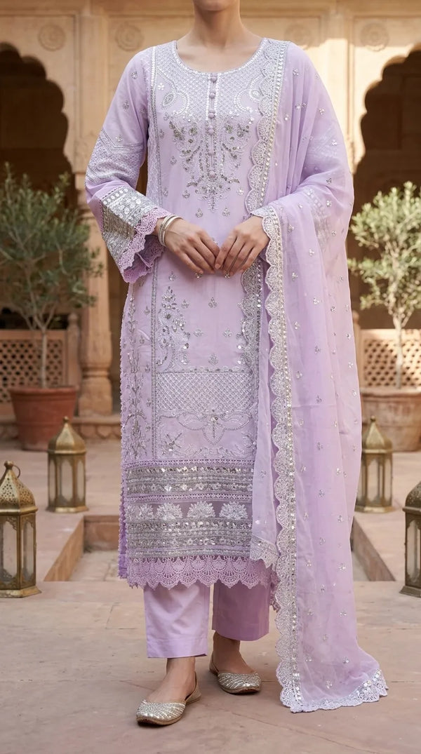 3 PC Embellished Katan Silk Stitched Suit PF619643